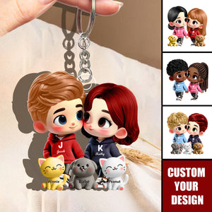 Cute Cartoon Couple Holding Hands with Dogs Cats Personalized Acrylic Keychain