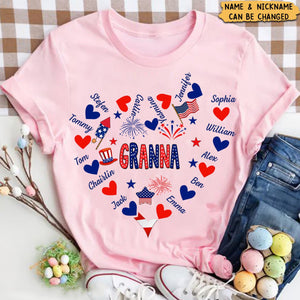 4th of July Nana Grandma Mom Gigi Kids Heart In Heart Personalized T-shirt