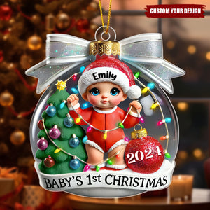 3D Effect Baby First Christmas Personalized Acrylic Ornament, Christmas Tree Bow, New Parents Keepsake, Gift for Newborn