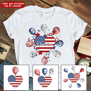 American Flag Heart Grandma Auntie Mom Balloon Kids, Happy Independence 4th of July Personalized Shirt