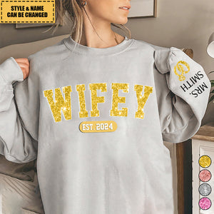 Wifey Est - Couple Personalized Custom Unisex Sweatshirt With Design On Sleeve - Gift For Husband Wife