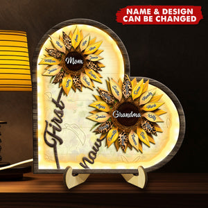 Sunflowers First Mom Now Grandma Personalized Heart Wooden Frame With LED