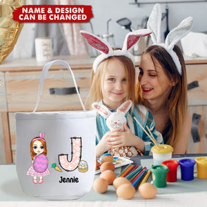 Personalized Cute Holding Easter Egg Cartoon Boy Girl Initial Canvas Bucket Bag