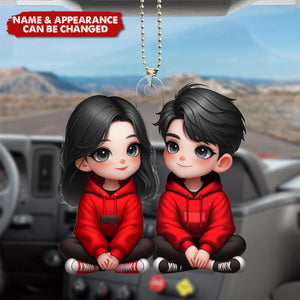 Cute Couple Sitting Together - Valentine's Day Gift - Personalized Acrylic Car Ornament