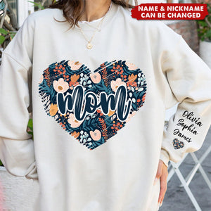 Floral Pattern Heart Grandma, Mom Enter Kid Names On Sleeve Personalized Sweatshirt