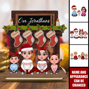 Whole Family Sitting At Christmas Fireplace Personalized 2-Layer Standing Wooden Plaque