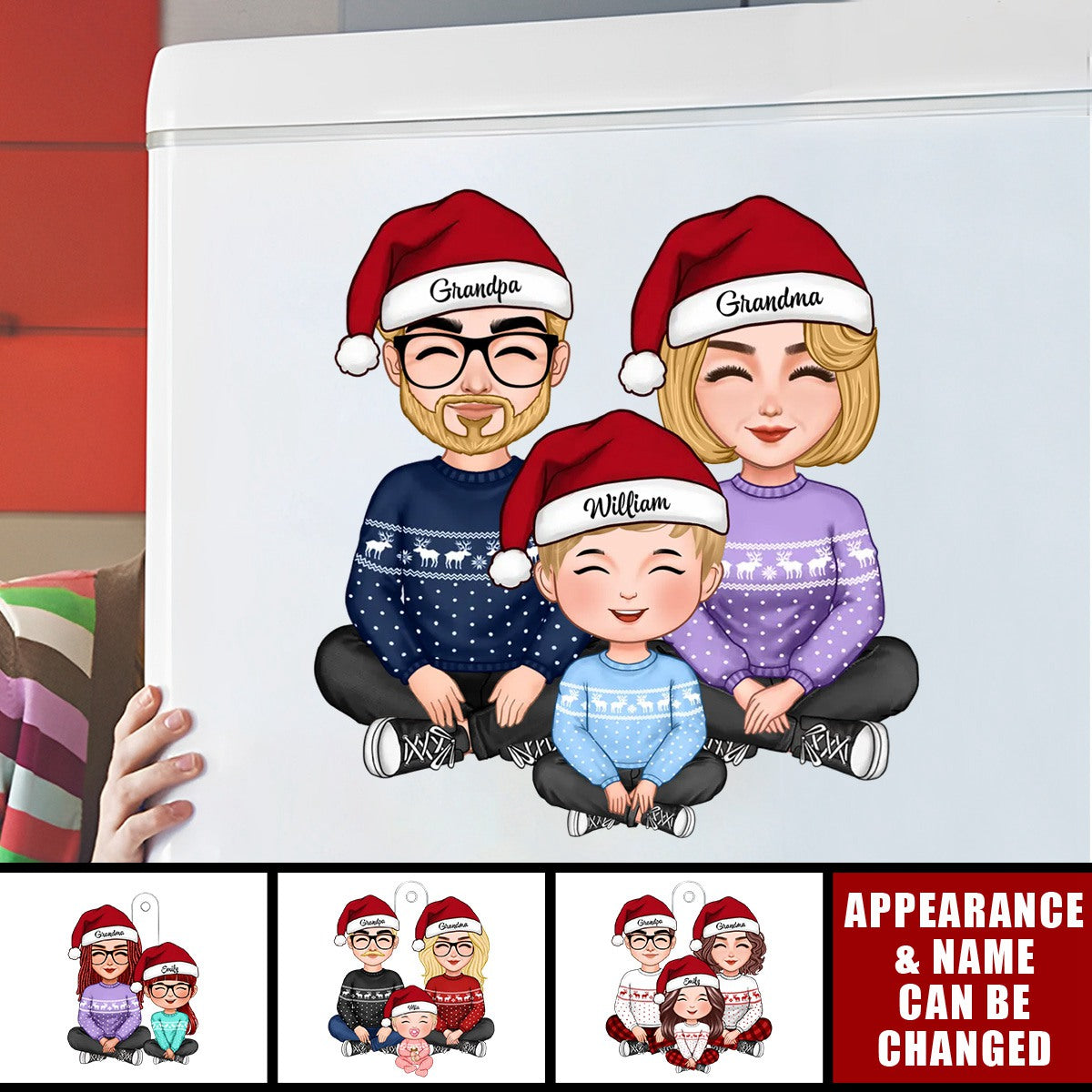 Cute Grandma Grandpa & Grandkid Sitting Crossed Legs Christmas Gift - Personalized Decal