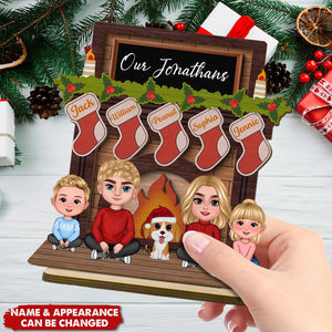 Whole Family Sitting At Christmas Fireplace Personalized 2-Layer Standing Wooden Plaque