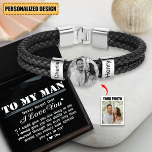 Personalized Photo Bracelet with 2 Names Leather Bracelet Beaded Wrap Bracelets