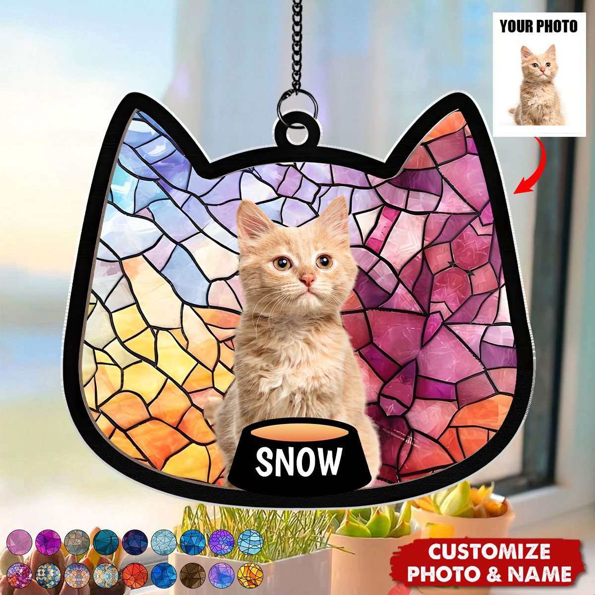 Custom Photo Cute Cat - Personalized Window Hanging Suncatcher Ornament