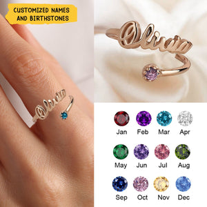 Custom Name Ring With Birthstones - Personalized Name Ring