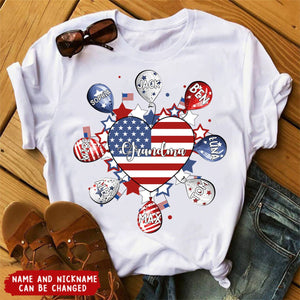 American Flag Heart Grandma Auntie Mom Balloon Kids, Happy Independence 4th of July Personalized Shirt