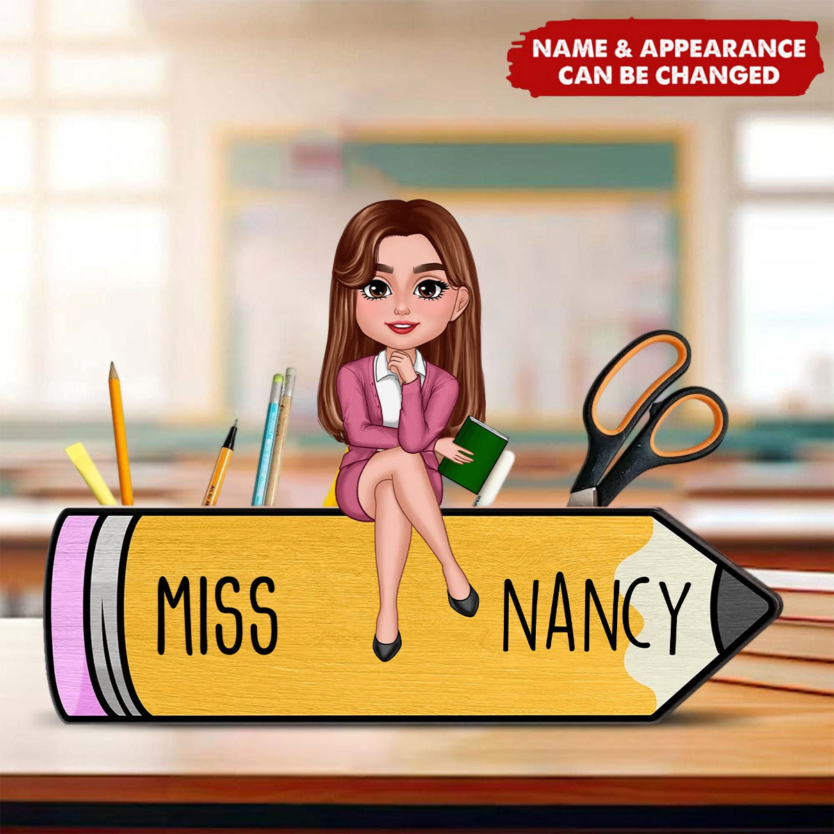 Doll Teacher Sitting On Pencil Personalized Wooden Pen Pencil Holder