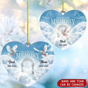 White Doves In Loving Memory Personalized Heart Shaped Acrylic Ornament