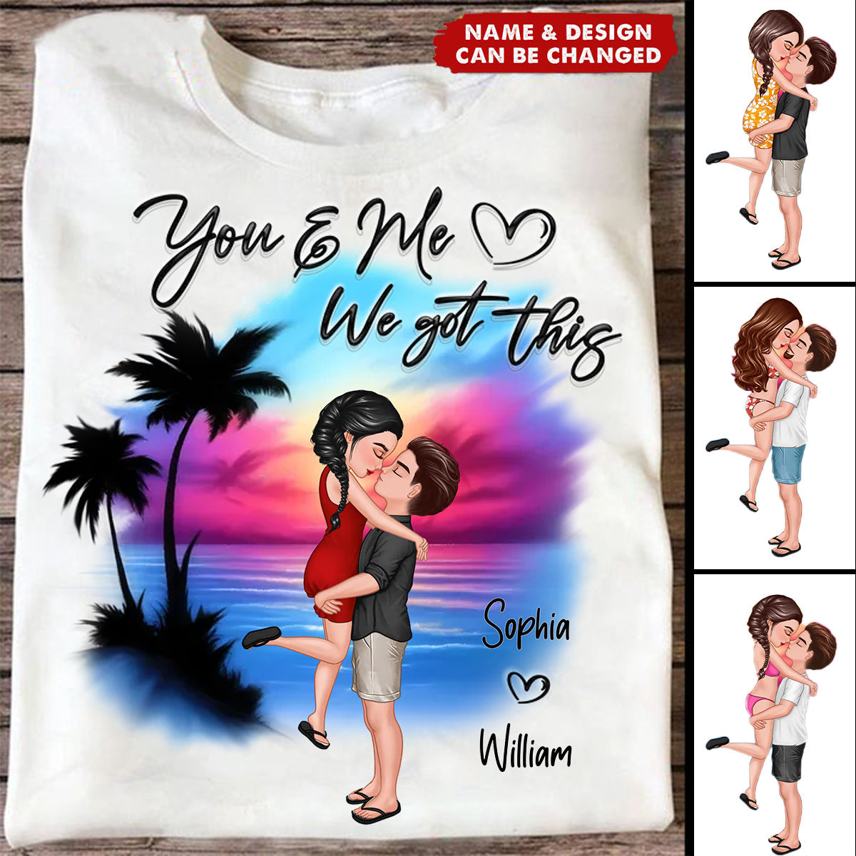 Couple Hugging Kissing Airbrushed Beach Scene Personalized T-Shirt