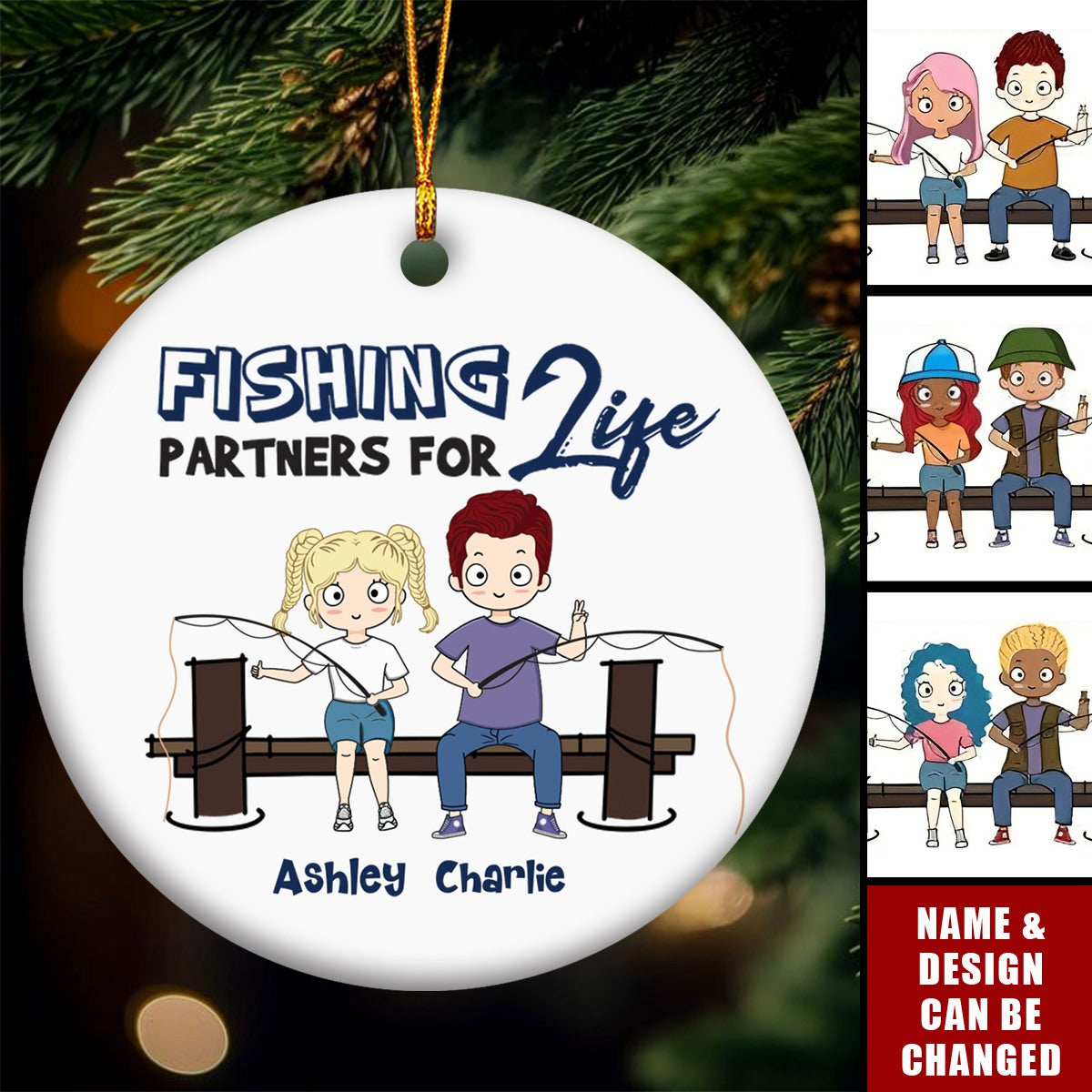 Fishing Partner For Life Chibi Couple - Personalized Circle Ceramic Ornament - Christmas Gift For Couple