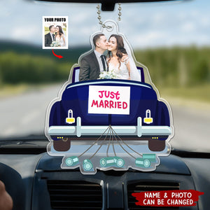 Custom Photo Just Married Couple Honeymoon Wedding Gift - Personalized Acrylic Car Ornament