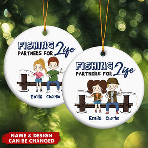 Fishing Partner For Life Chibi Couple - Personalized Circle Ceramic Ornament - Christmas Gift For Couple