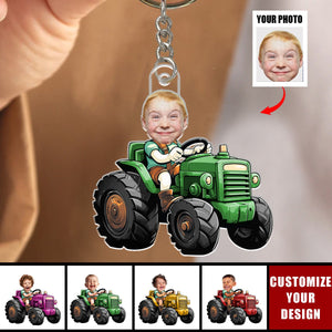 Custom Face Boy Loves Tractors - Personalized Photo Keychain