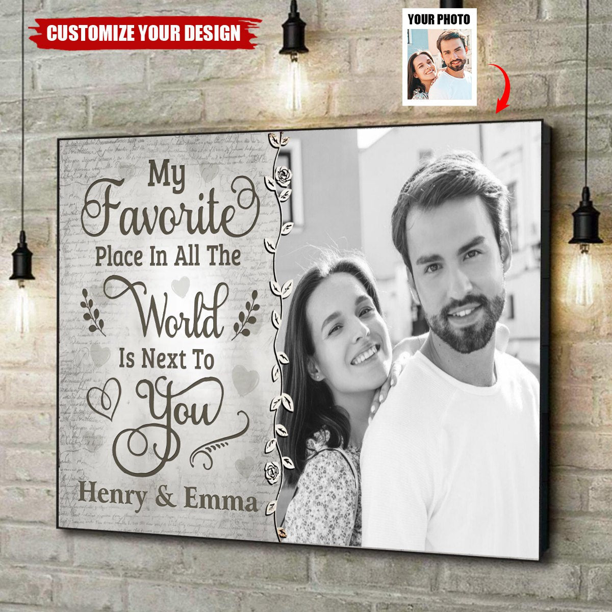 Custom Photo With You, Love Feels Like Home - Couple Personalized Horizontal Poster