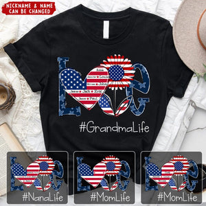 Love Grandma Life With Grandkids Heart Flag Sunflower Personalized T-shirt