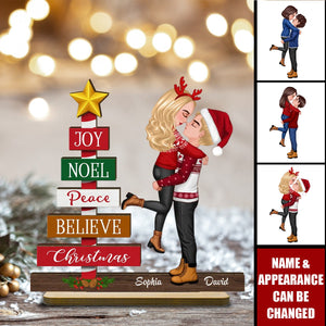 Couple Hugging Kissing Christmas Personalized 2-Layer Standing Wooden Plaque