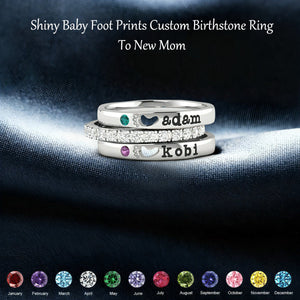 Foot Prints Engraved Name Stacking Custom Birthstone Ring