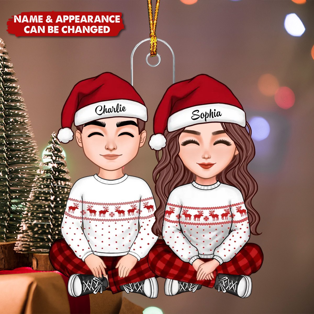 Sitting Couple -  Personalized Acrylic Ornament, Christmas Gift for Couple