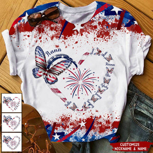 Butterfly Grandma Kid With Heart 4th July Personalized 3D T-shirt