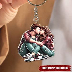 Couple Sitting Kissing - Personalized Acrylic Keychain, Gift For Couple, For Him, For Her