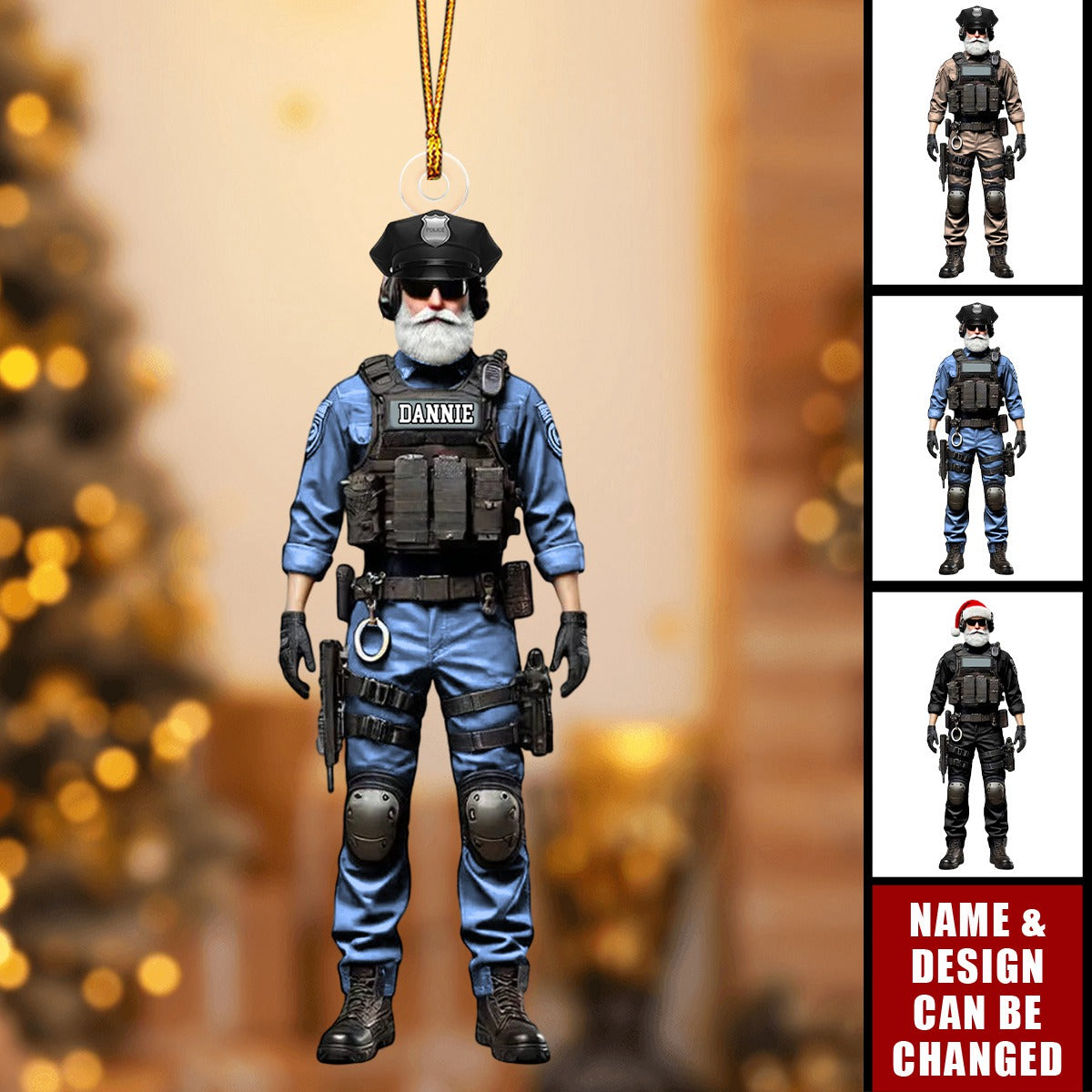 Custom Name & Color Tactical Santa Officer Ornament, Unique Holiday Gift for Police