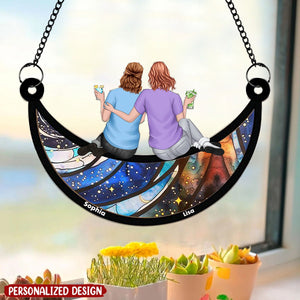 Friends Sitting On The Moon - Personalized Window Hanging Suncatcher Ornament