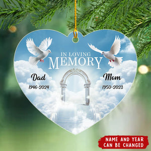 White Doves In Loving Memory Personalized Heart Shaped Acrylic Ornament