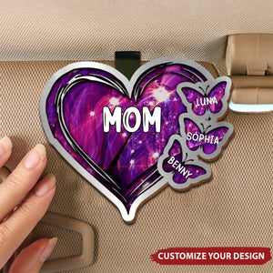 Sparkling Grandma - Mom Heart Butterfly Kids, Multi Colors Personalized Car Visor Clip