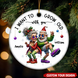 Funny Elderly Couple Christmas Party Whimsical Holiday - Personalized Circle Ceramic Ornament