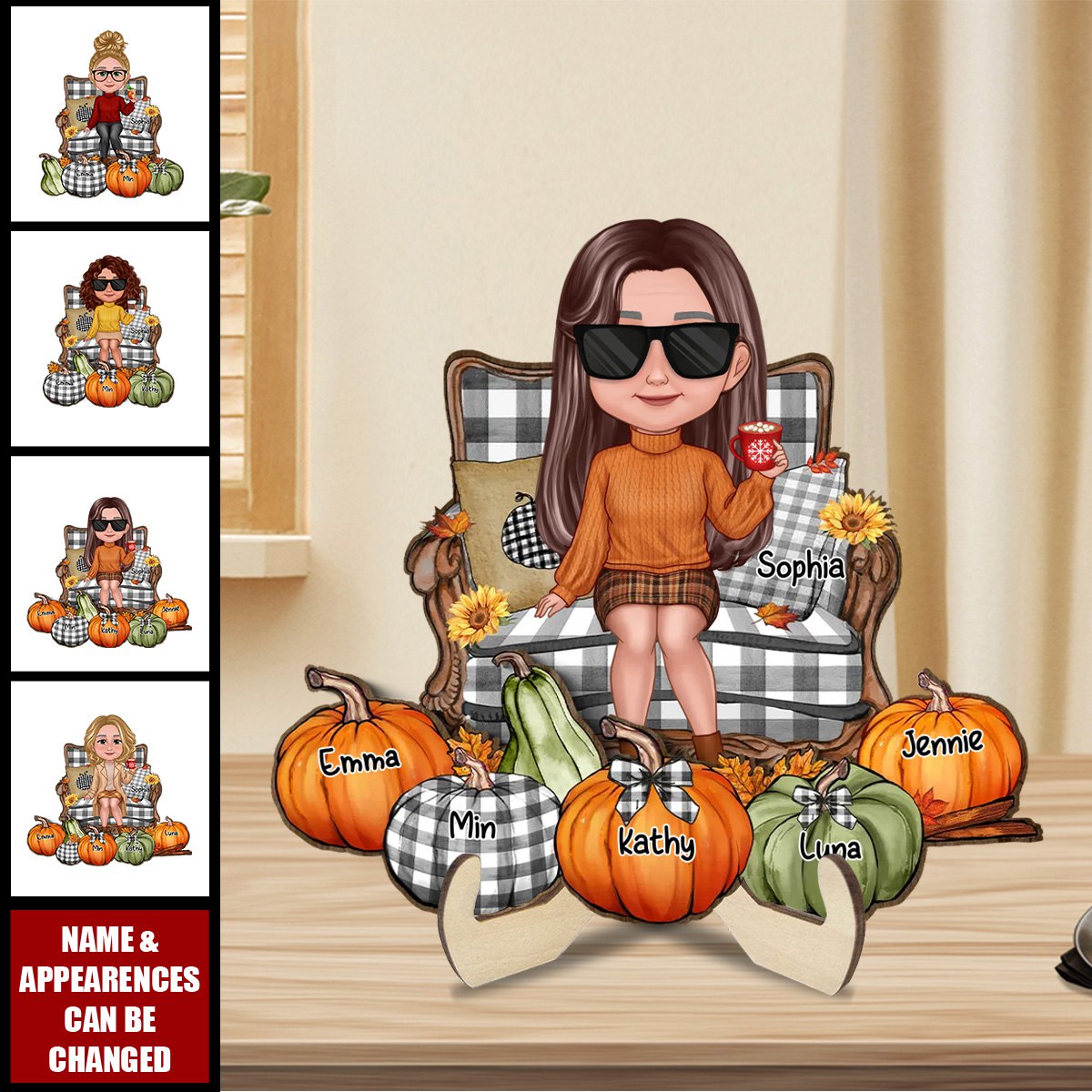 Grandma Sitting On Chair Pumpkins Personalized 2-Layer Wooden Plaque, Fall Season Decor