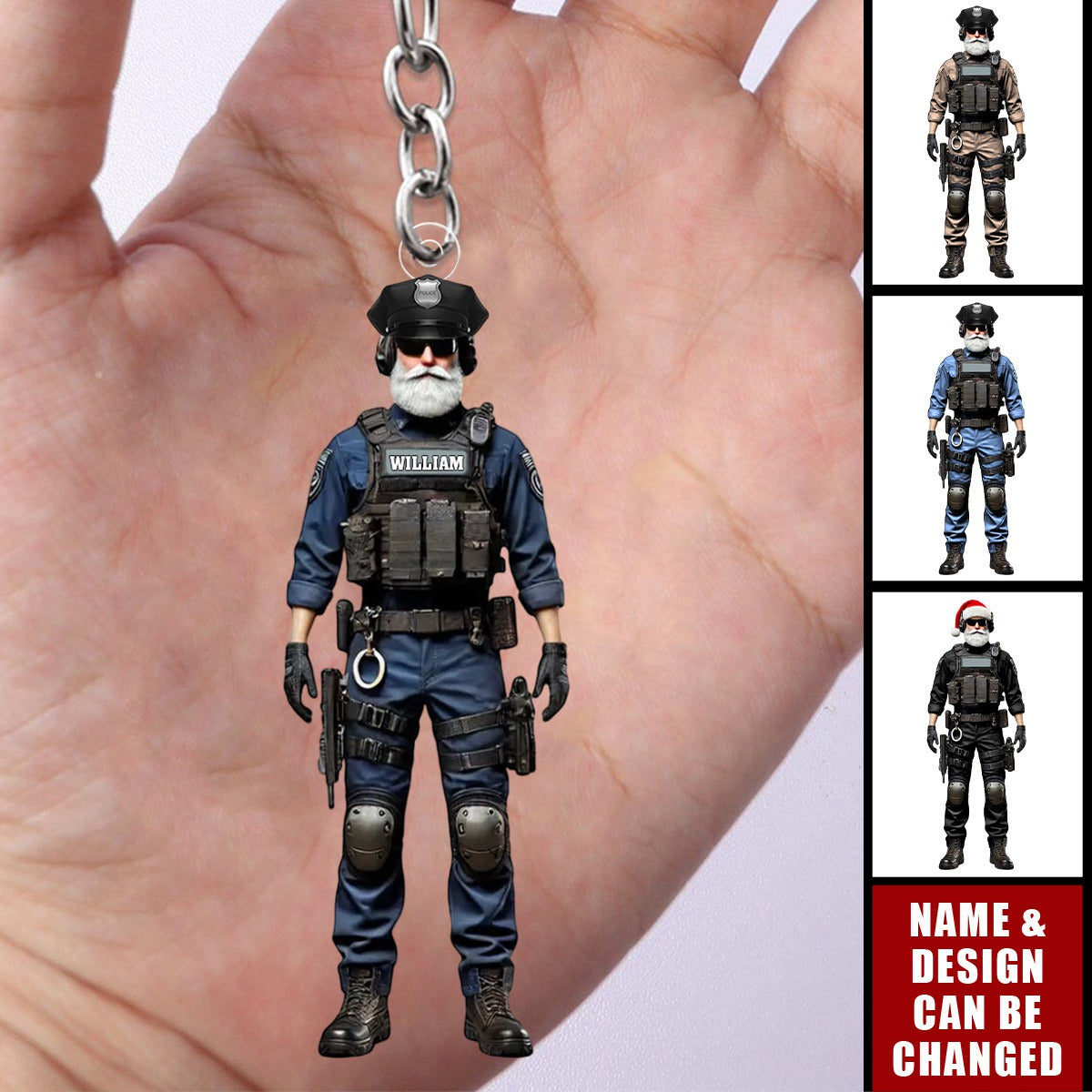 Custom Name & Color Tactical Santa Officer Keychain, Unique Holiday Gift for Police