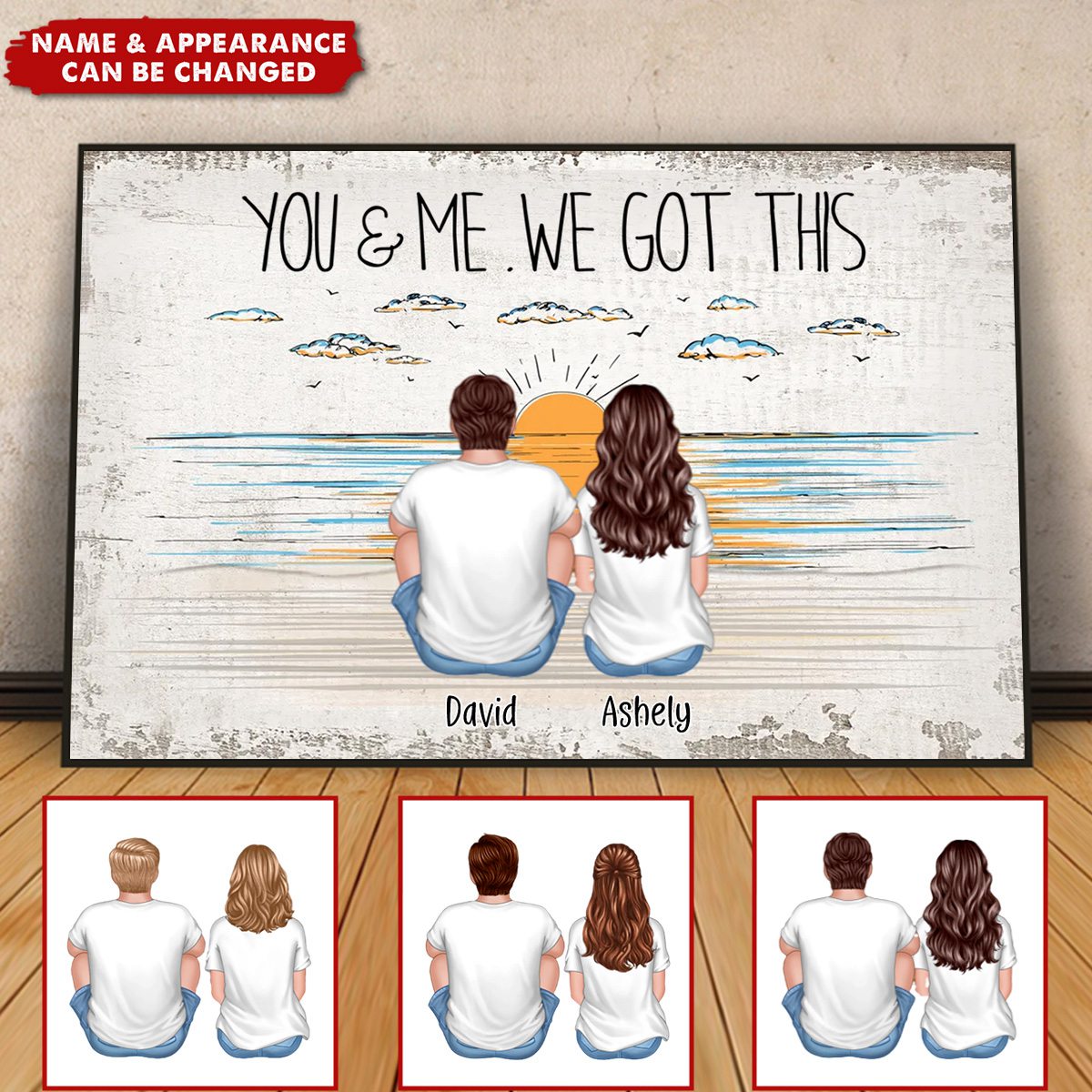 Couple Back View Beach Outline Background Personalized Poster