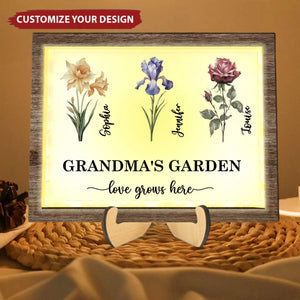 Grandma's Garden Love Grows Here Birth Month Flower - Personalized 2-Layered Wooden Frame With LED