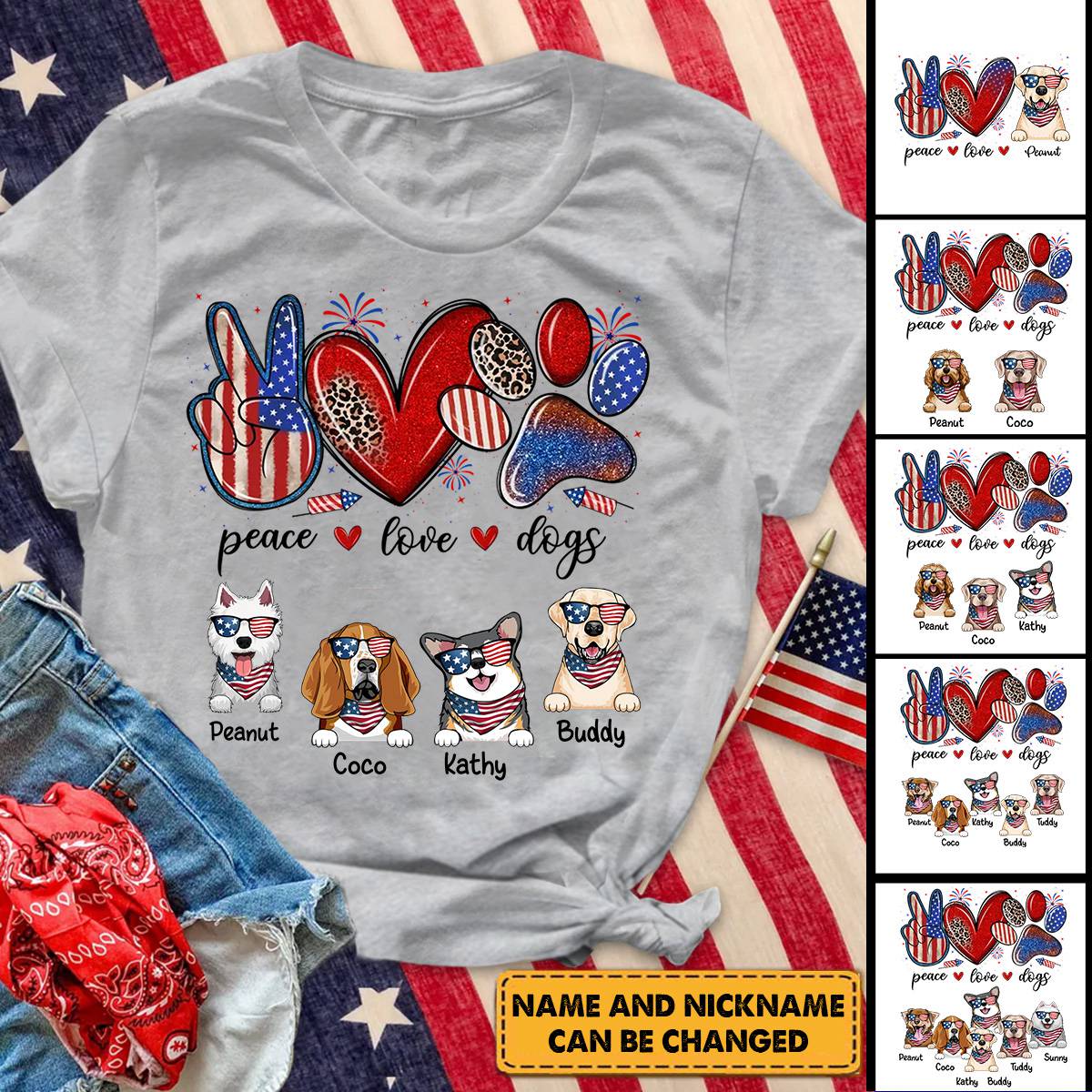 Peace Love Dogs USA Flag Pattern, 4th Of July Personalized Shirt, Gift For Dog Mom, Dog Dad, Dog Lovers