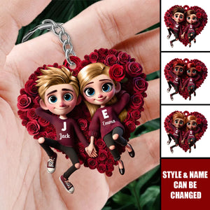 Rose Heart Couple Personalized Acrylic Keychain, Valentine's Day Gift for her, Gift for him