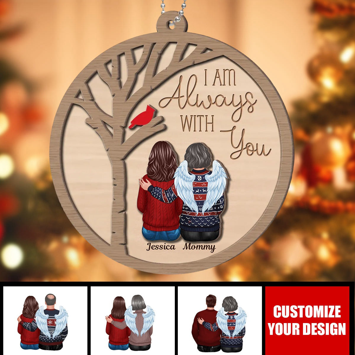 Always With You Cardinal Family Memorial Christmas Personalized 2-Layer Wooden Ornament