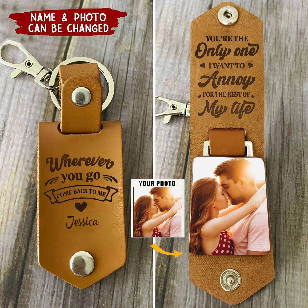 Wherever You Go, Come Back To Me - Personalized Leather Photo Keychain