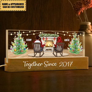 Christmas Couple Backview Fireplace Personalized Acrylic Block LED Night Light, Christmas Gift for Couples