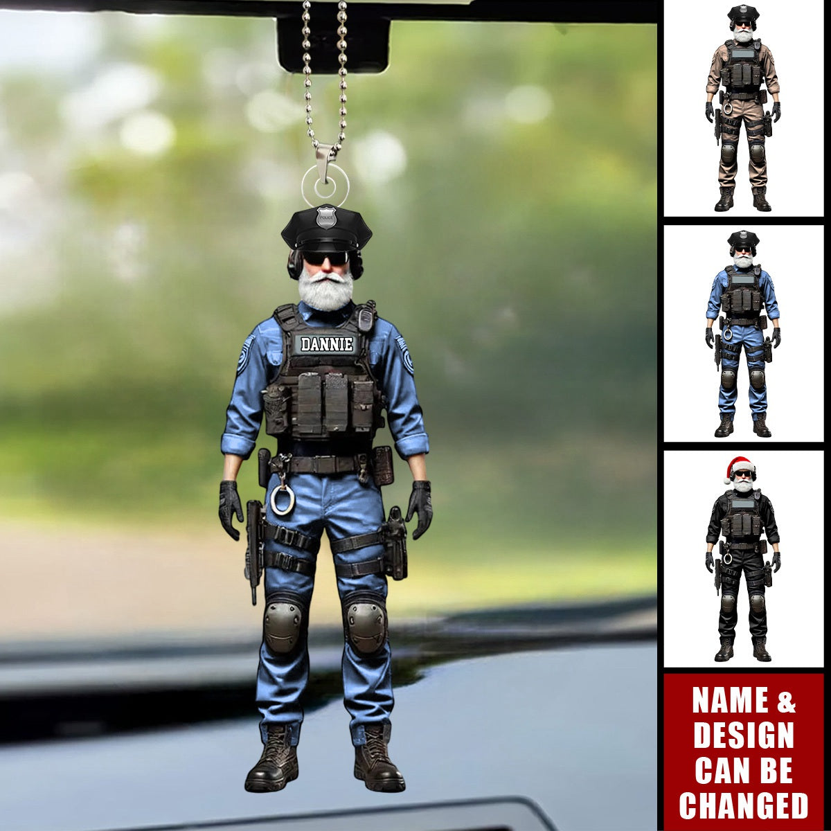 Custom Name & Color Tactical Santa Officer Car Ornament, Unique Holiday Gift for Police