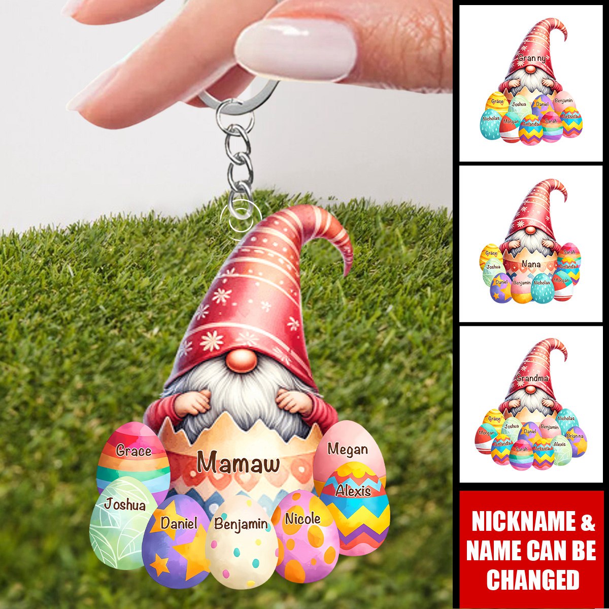 Easter Dwarf Grandma With Colorful Eggs Grandkids Personalized Keychain, Easter Gift