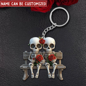 Skull Couple With Red Roses - Personalized Couple Keychain