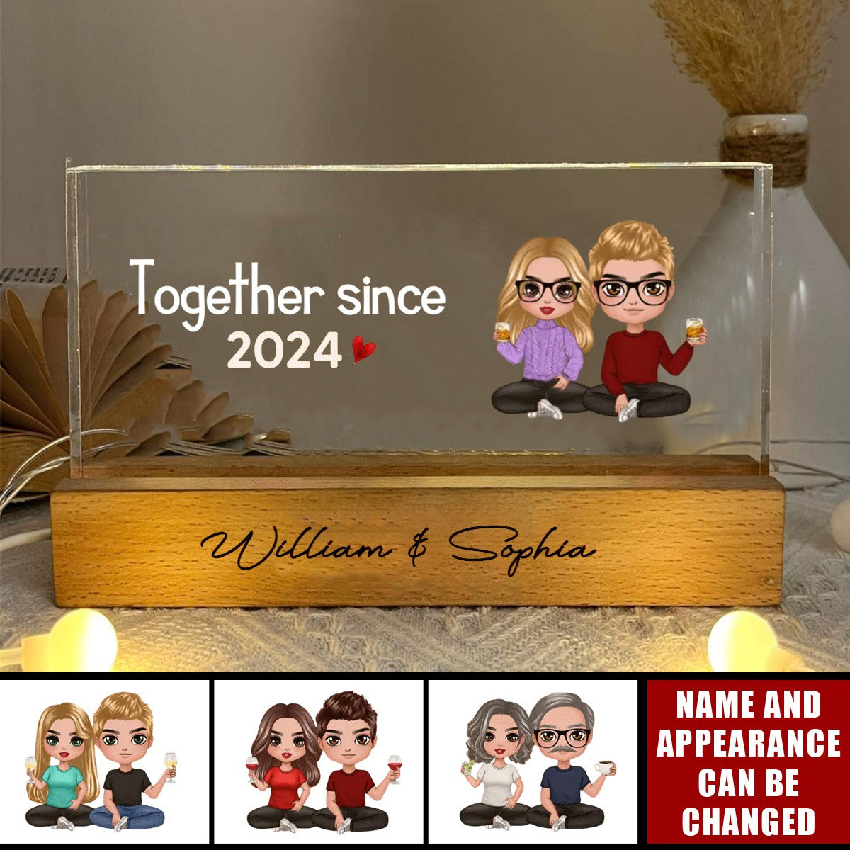 Doll Couple Sitting Together Since Personalized Acrylic LED Night Light, Anniversary Gift For Her, Gift For Him