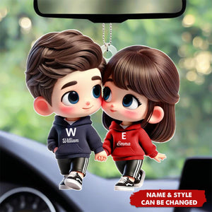 Cute Cartoon Couple Holding Hands Personalized Acrylic Car Hanger Ornament, Anniversary & Valentine's Day Gift for him, Gift for her