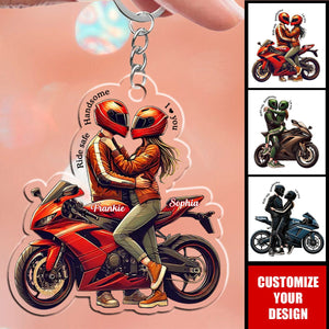 Ride Safe Handsome I Love You Personalized Acrylic Keychain, Gift For For Biker Couple